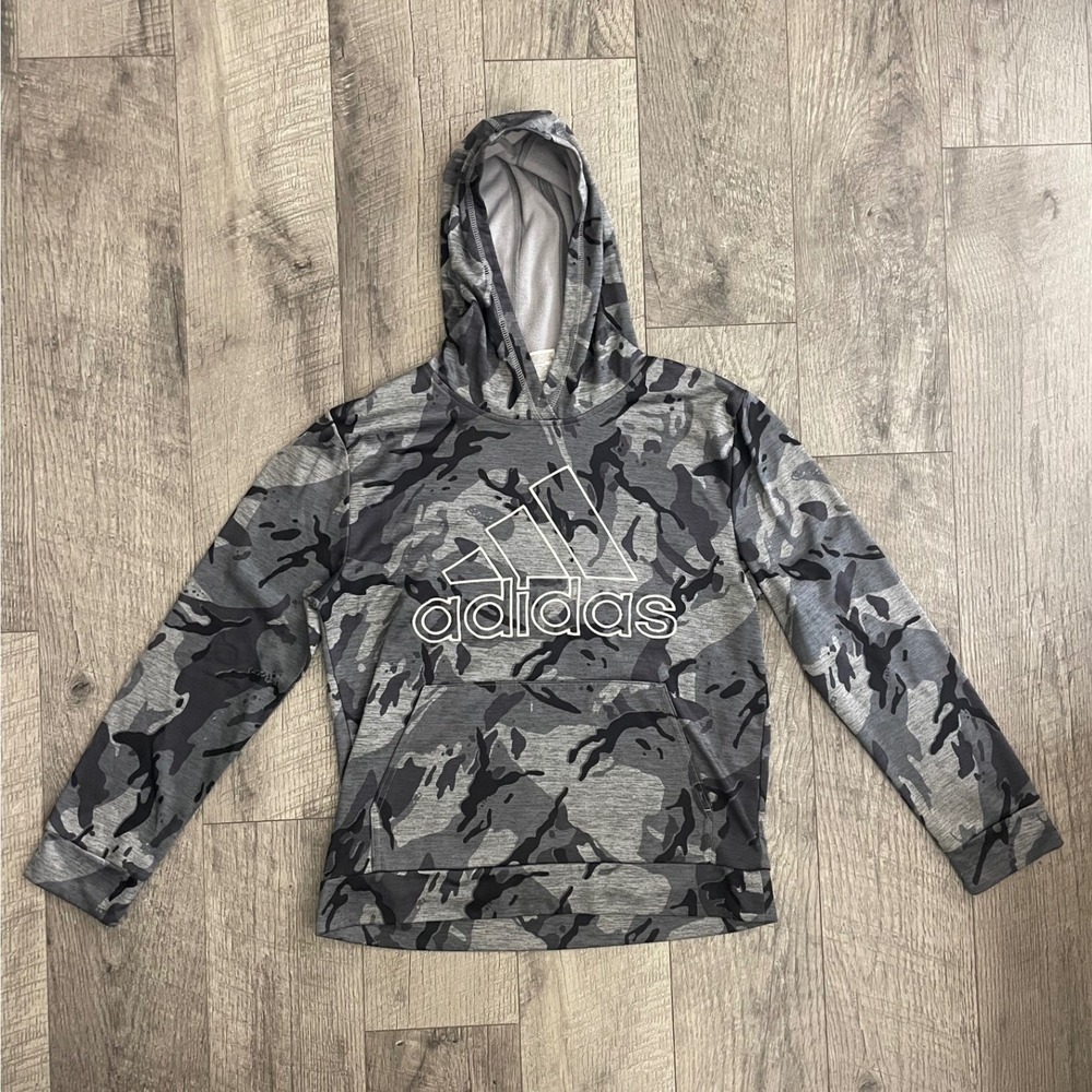 Adidas Boys Camo Hoodie Grey Black Camouflage Pullover Size L 14/16 L/G